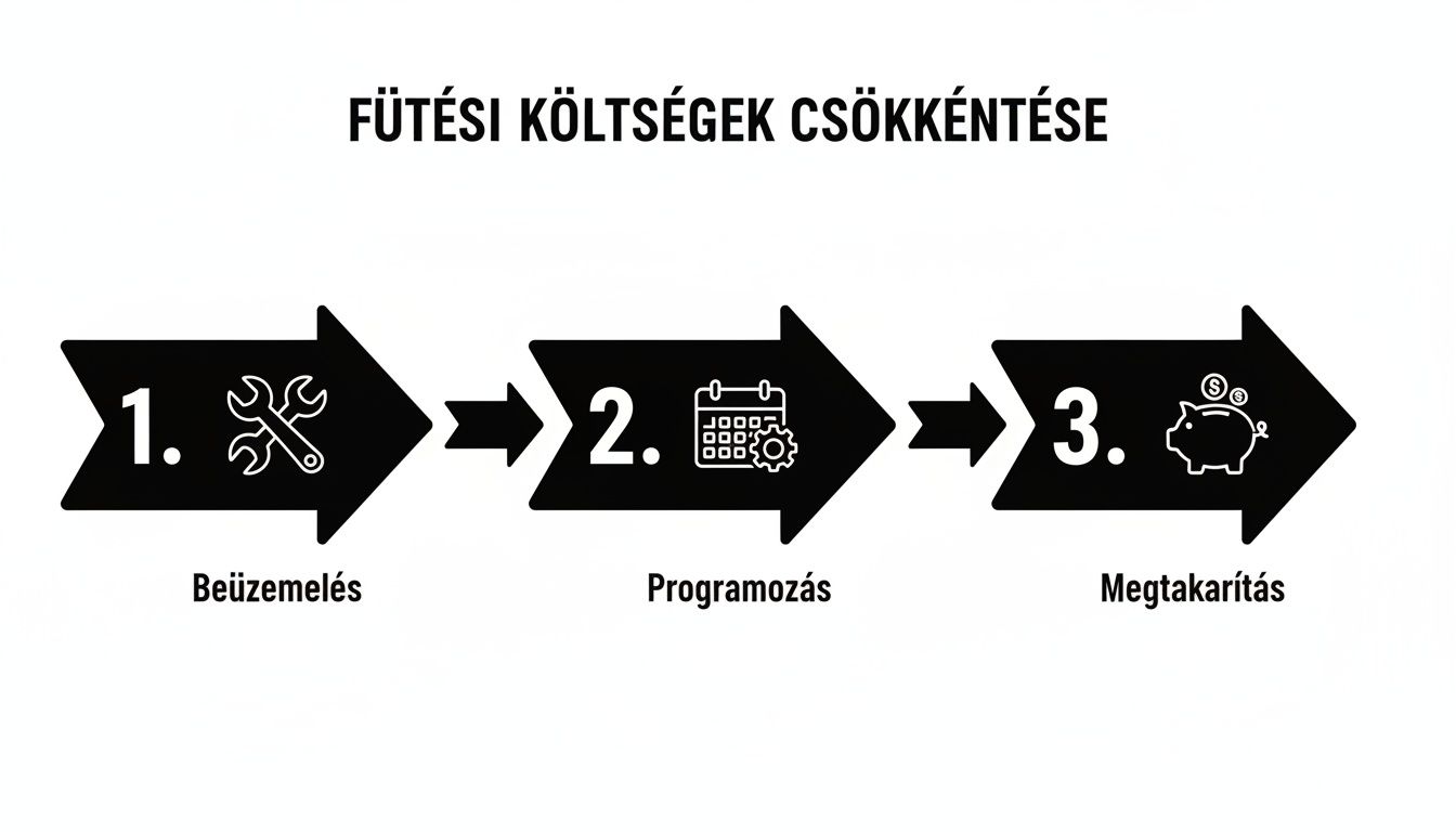 Háromlépéses folyamatábra a fűtési költségek csökkentésére: beüzemelés, programozás és megtakarítás.