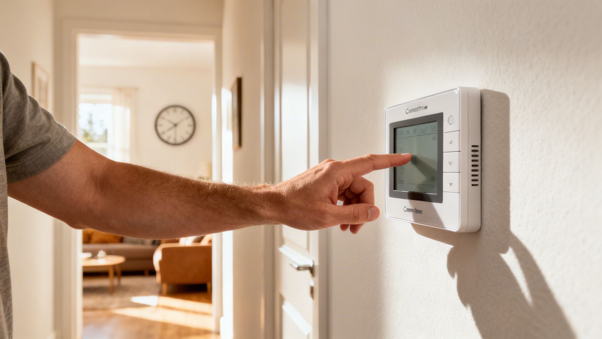 Egy férfi a Computherm termosztátot állítja egy világos falon, háttérben nappali látszik.