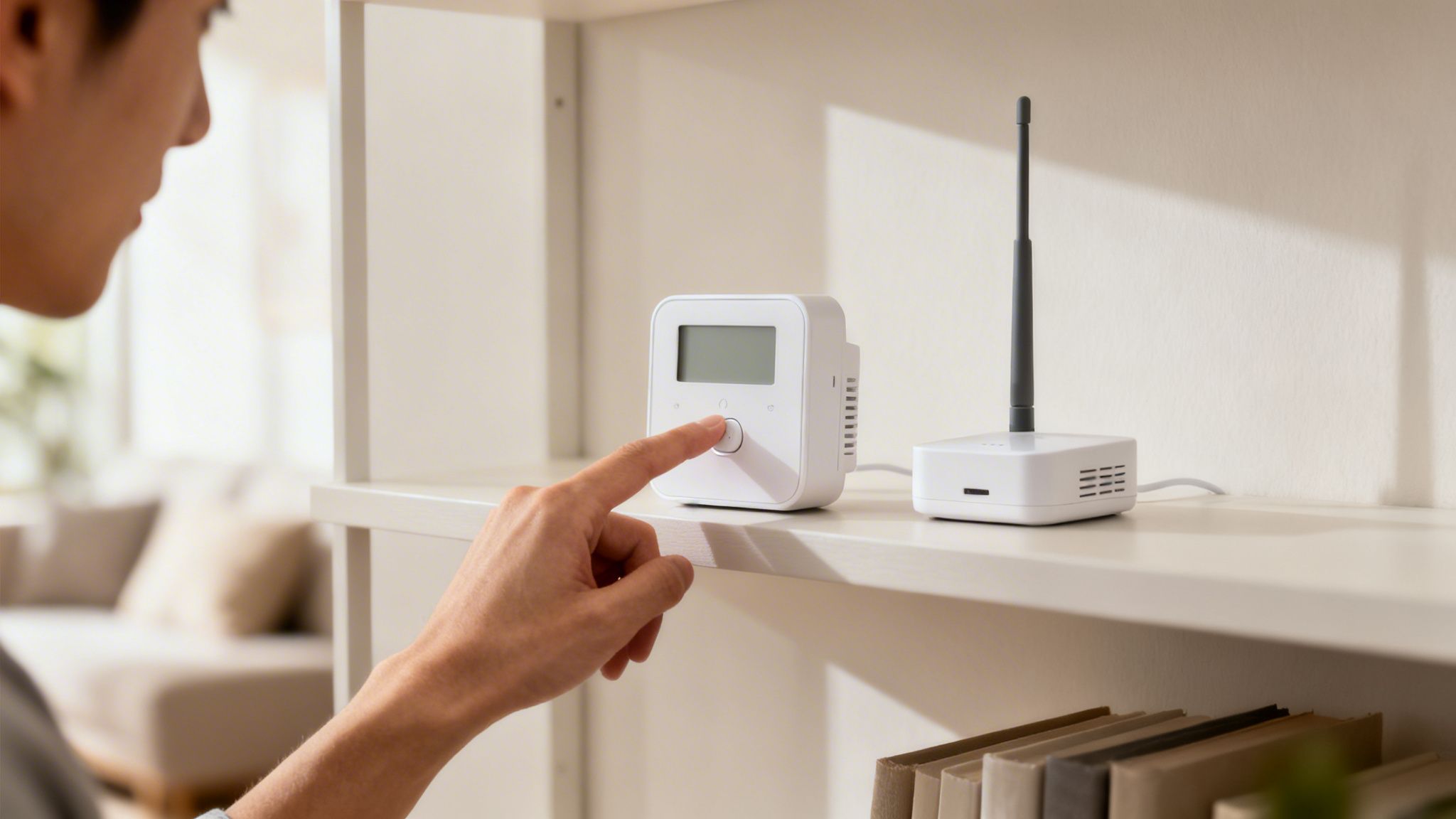 A férfi ujjával megnyomja egy fehér okostermosztát gombját, mely digitális kijelzővel rendelkezik egy polcon.