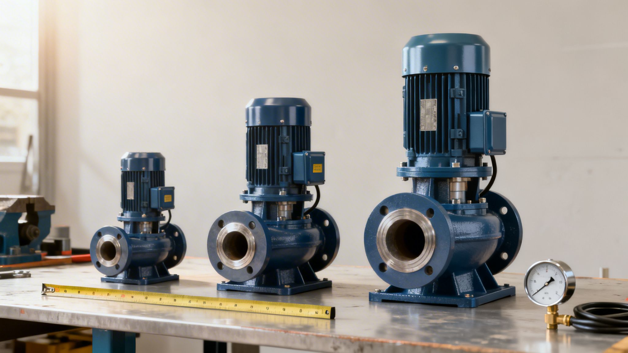 Három különböző méretű, kék színű ipari vízmű szivattyú látható egy fémasztalon, mérőszalaggal és nyomásmérővel.