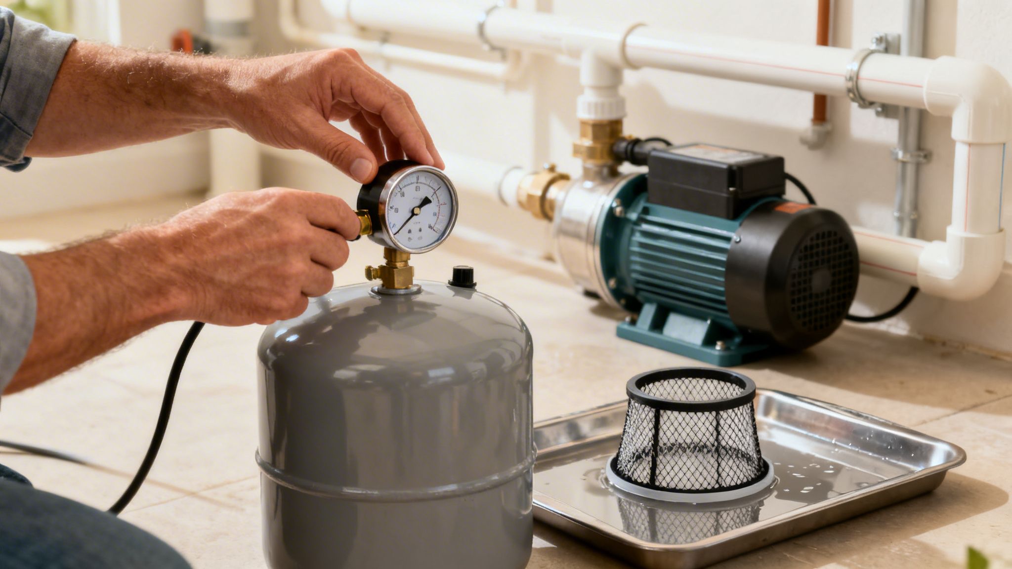 Férfi nyomásmérőt állít be házi vízmű tartályon, szivattyúval és csövekkel a háttérben, vízrendszer karbantartása közben.