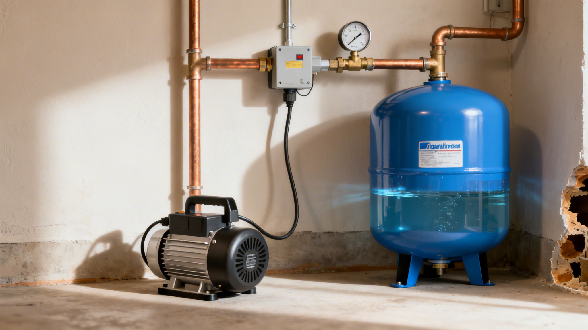 Házi vízmű szivattyú kék tartállyal, nyomásmérővel és rézcsövekkel egy beltéri környezetben.