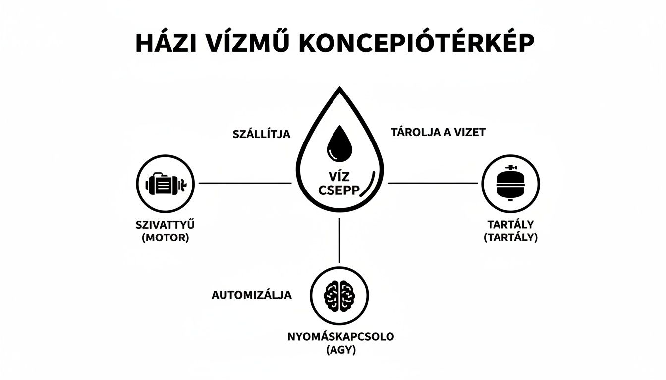 Házi vízmű koncepciótérkép a víz szállításáról, tárolásáról és automatizálásáról, szivattyúval, tartállyal és nyomáskapcsolóval.