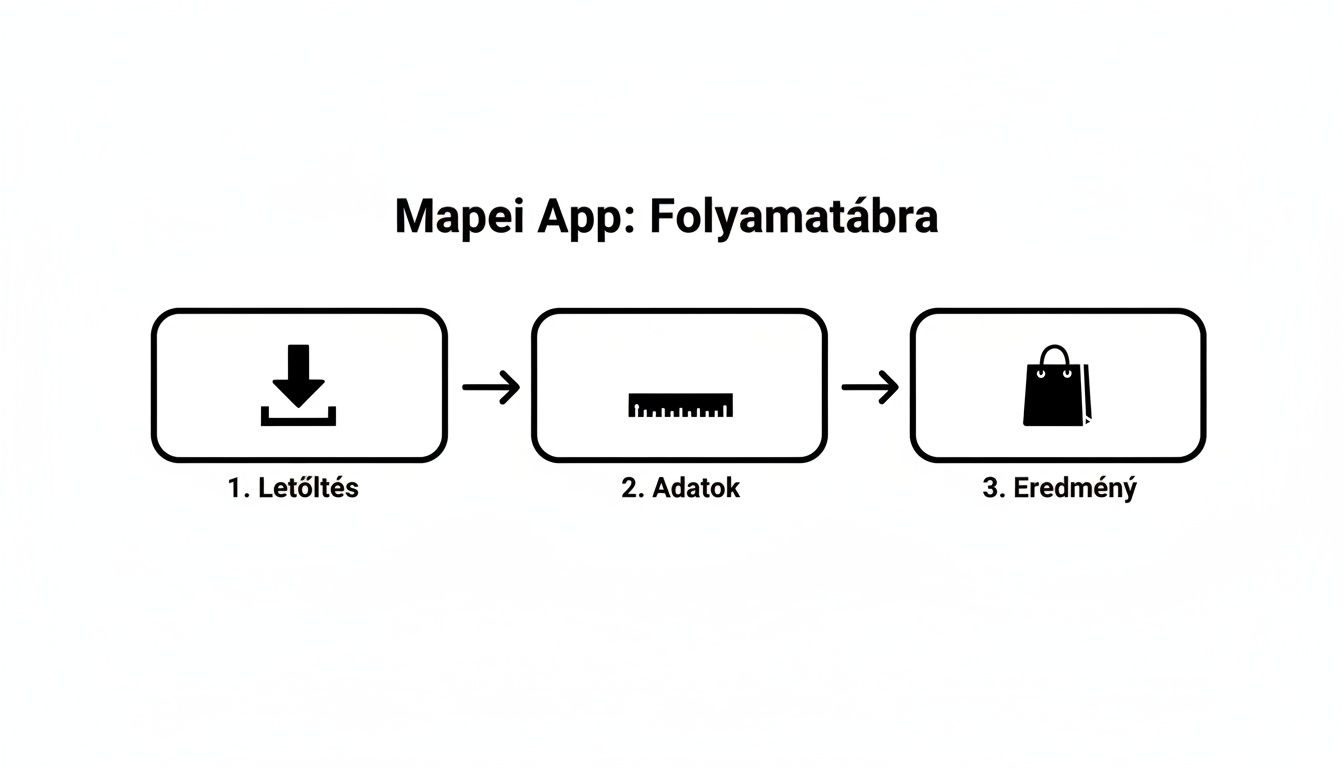 A Mapei alkalmazás egyszerű folyamatábrája: letöltés, adatok bevitele és az eredmények megtekintése ikonokkal illusztrálva.