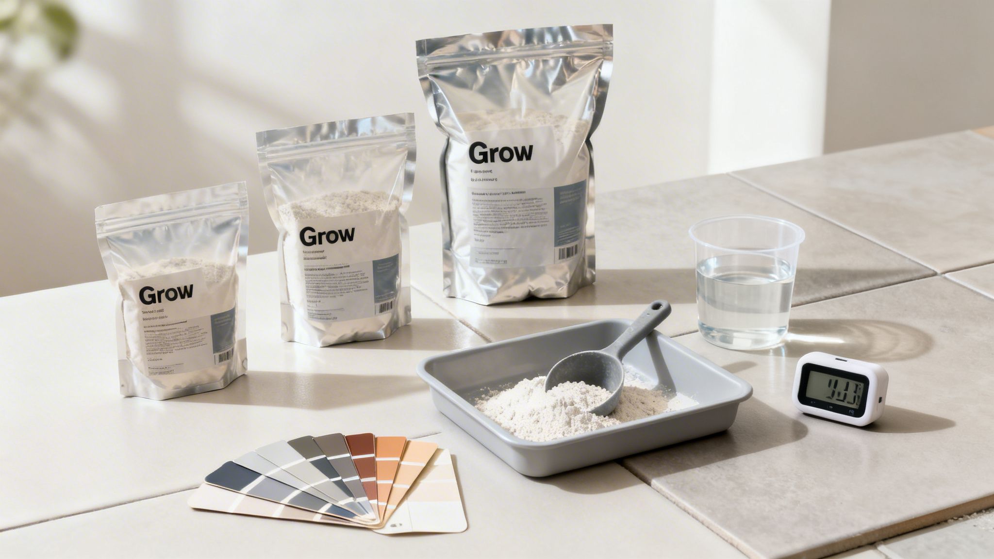 Porzsákok, keverőtál, mérőkanál, víz és színminták egy csempézett asztalon barkácsoláshoz.