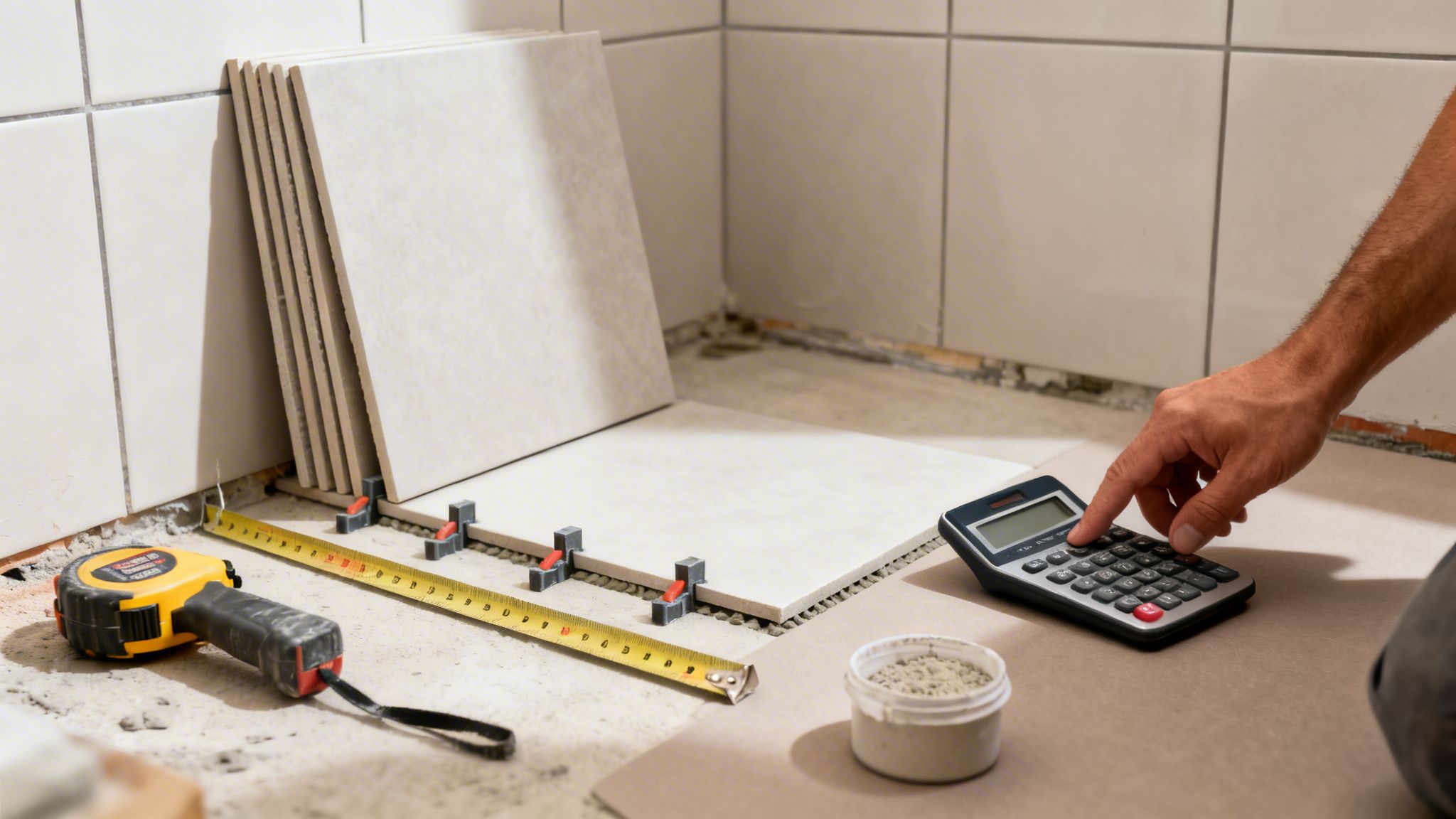 Egy férfi számológéppel számol a burkolás során, padlócsempék és mérőszalag mellett.