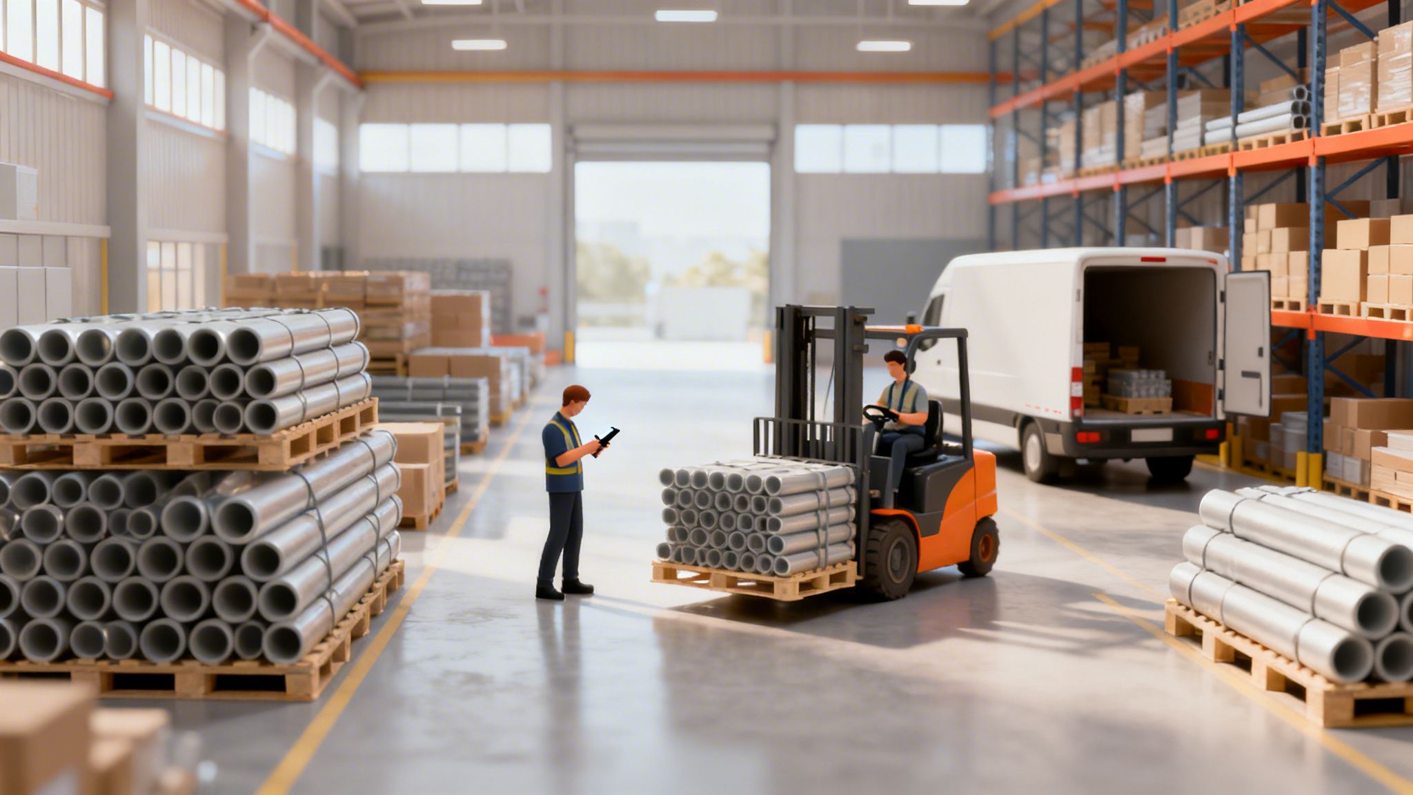 Modern raktár, ahol munkások csöveket raknak targoncával, miközben egy kollégájuk tableten dolgozik.