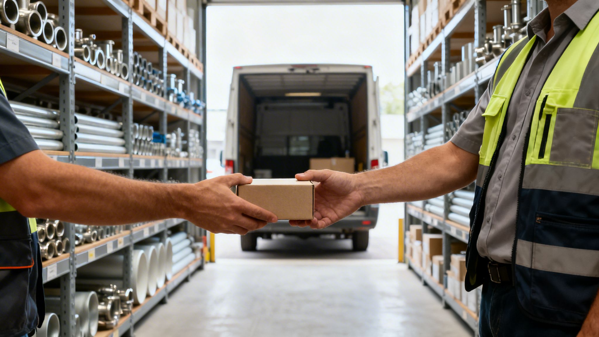 Két raktáros egy kis csomagot cserél egy polcokkal teli folyosón, háttérben nyitott teherautóval.