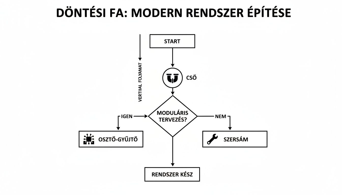 Döntési fa diagram modern rendszer építéséhez, moduláris tervezési opciókkal és folyamatlépésekkel.